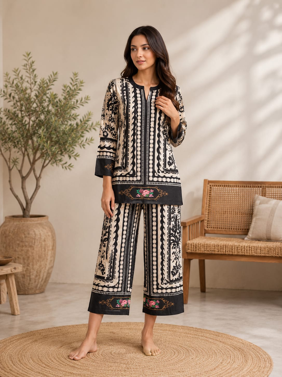 Beige & Black Printed Cotton Co-ord Set