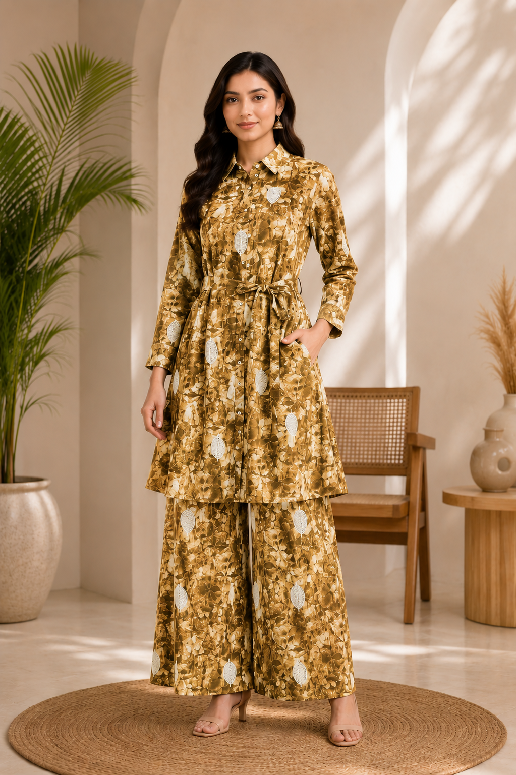 Floral Bloom Belted Kurta Palazzo Co-ord Set - Gold