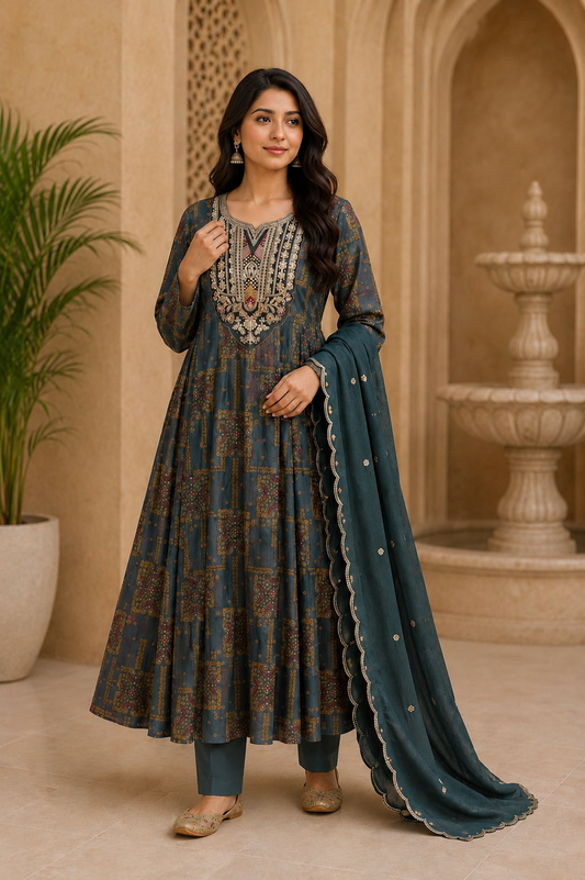 Teal Blue Printed Anarkali Kurta Set with Dupatta