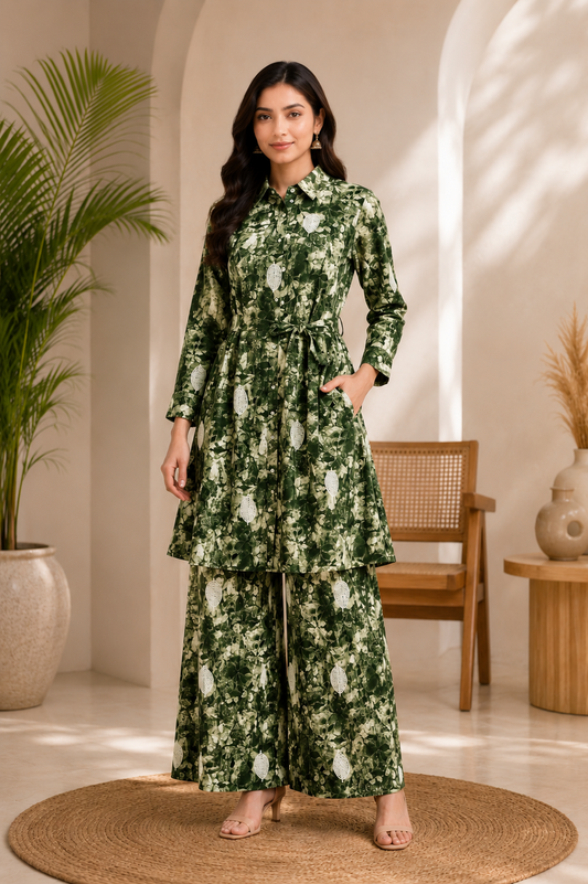 Floral Bloom Belted Kurta Palazzo Co-ord Set - Green