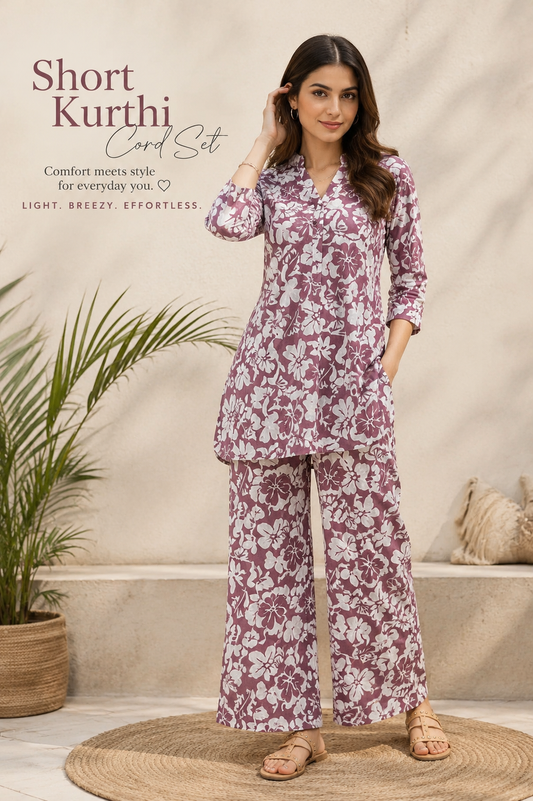 Mauve Floral Short Kurthi Co-ord Set