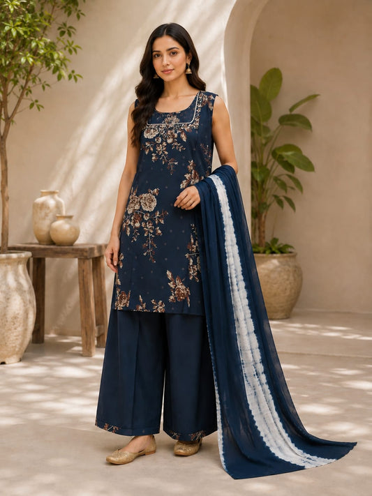 Navy Blue Floral Printed Sleeveless Kurta Palazzo Set