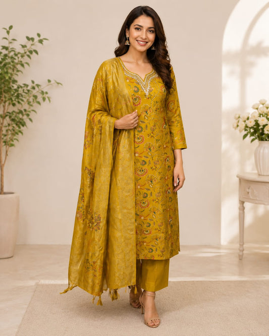 Mustard Floral Printed Embroidered Kurta Set